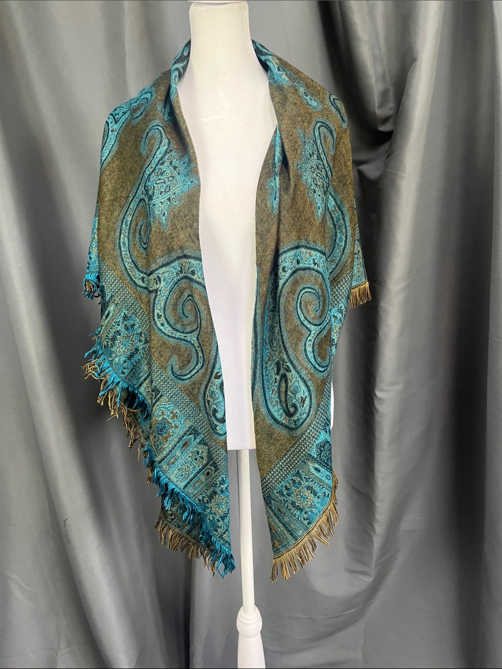 pashmina Teal and Olive Paisley Fringe Wrap - Picture 3 of 4